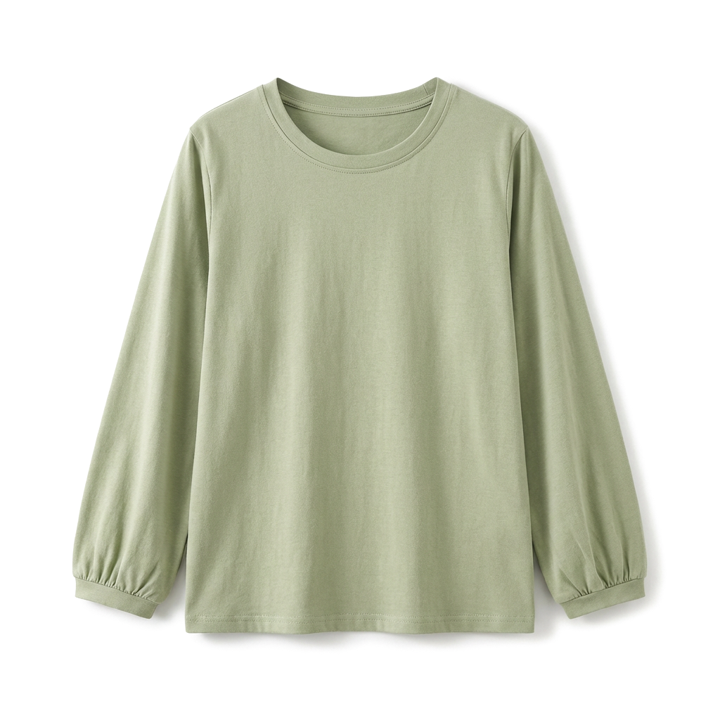 Bean Green Loose Fit Cotton T-Shirt with Lantern Sleeves 4