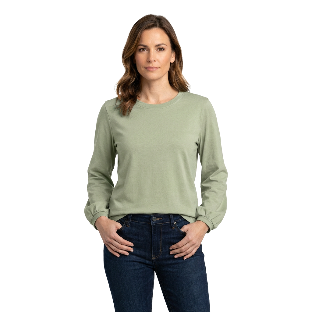 Bean Green Loose Fit Cotton T-Shirt with Lantern Sleeves 3