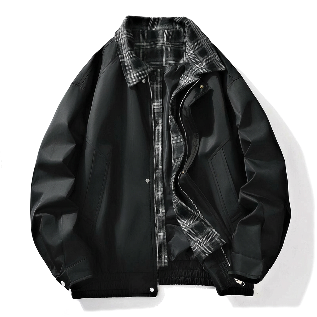 Black Loose Fit Layered Plaid Jacket with Spread Collar 1