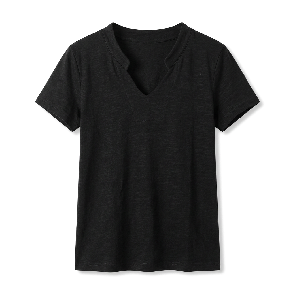 Black Loose Fit Slub Cotton V-Neck T-Shirt 1