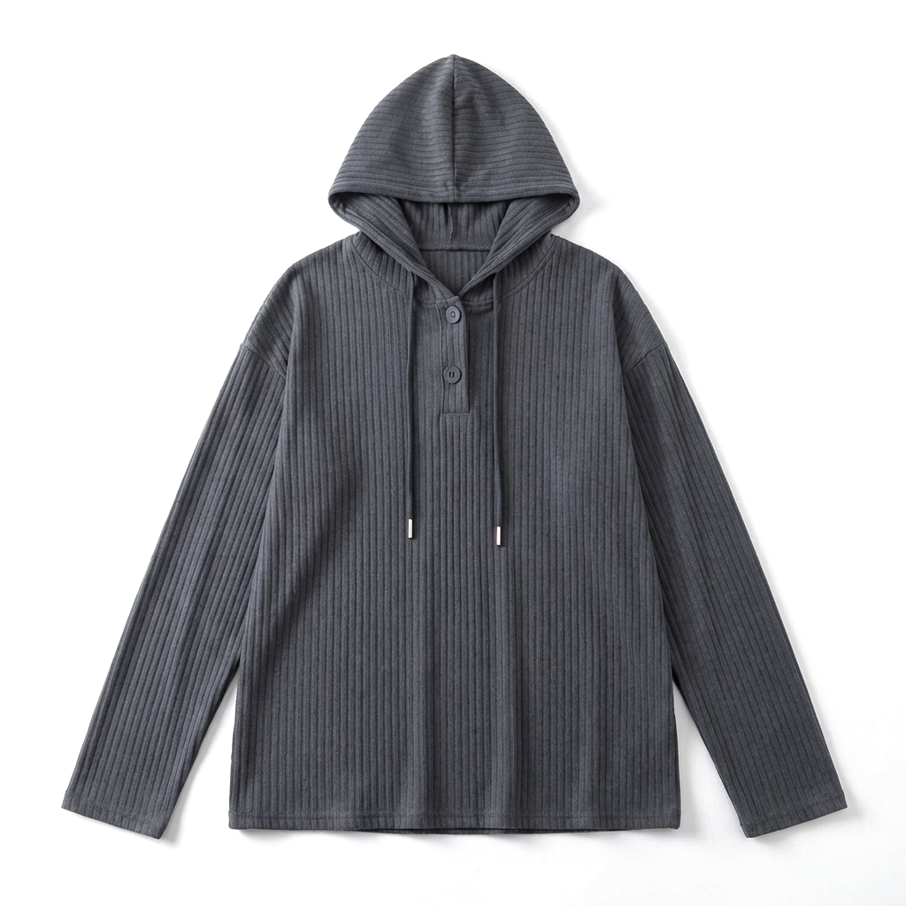 Dark Grey Plus Size Ribbed Knit Hooded Long Sleeve T-Shirt 1