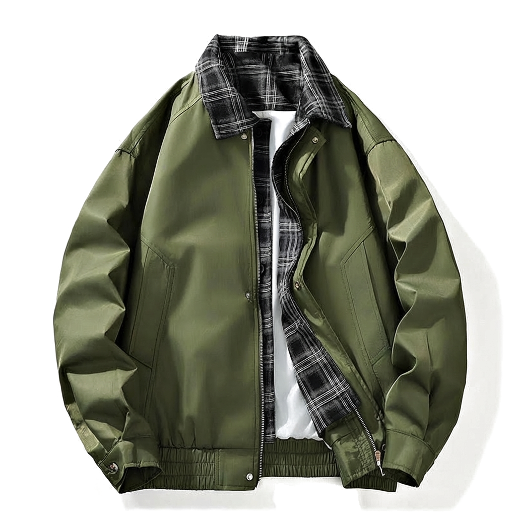 Green Loose Fit Layered Plaid Jacket with Spread Collar 5