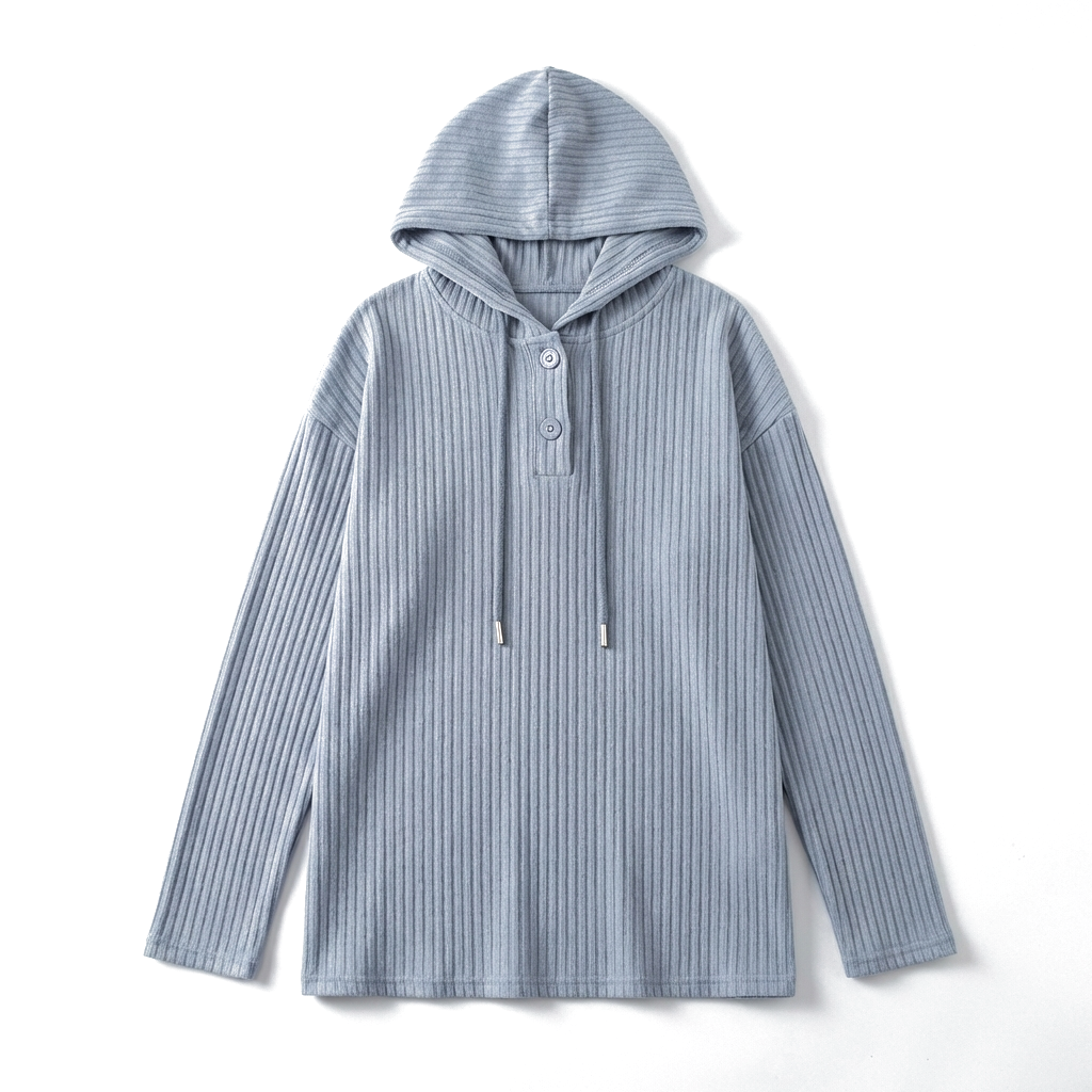 Light Grey Plus Size Ribbed Knit Hooded Long Sleeve T-Shirt 3
