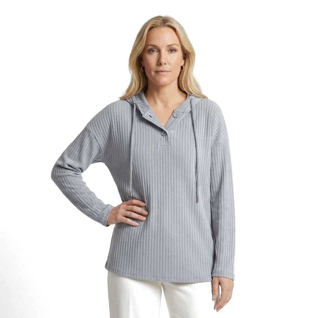 Light Grey Plus Size Ribbed Knit Hooded Long Sleeve T-Shirt 1