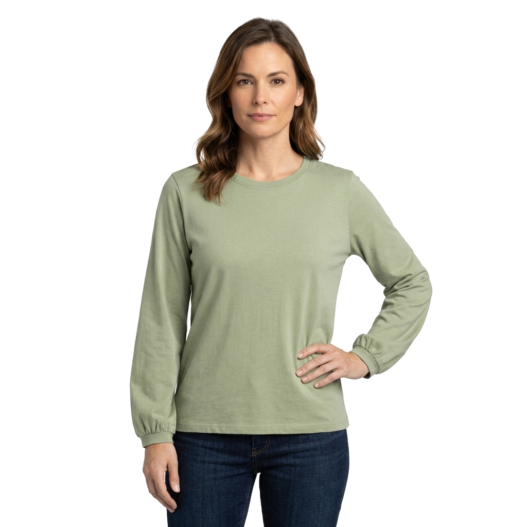 Bean Green Loose Fit Cotton T-Shirt with Lantern Sleeves 4