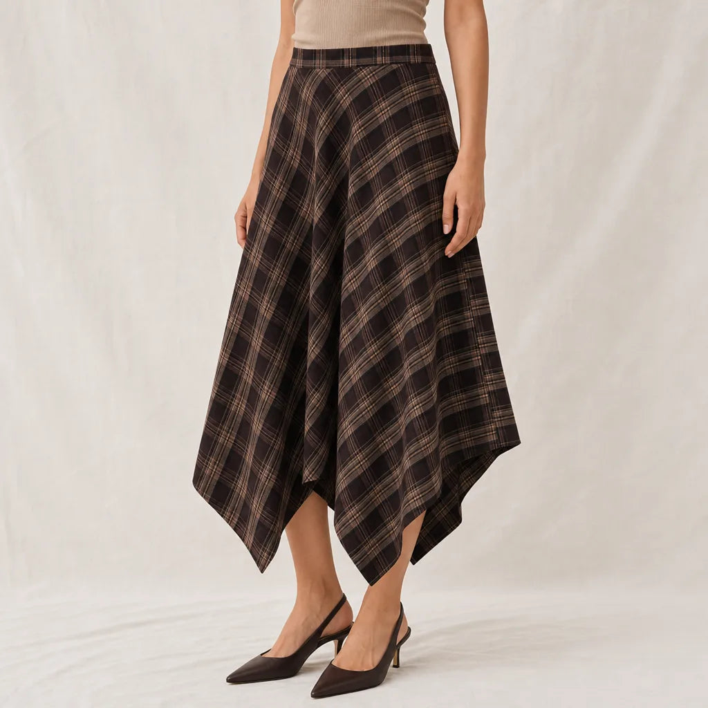 Women's Brown Celia Asymmetric Plaid Skirt
