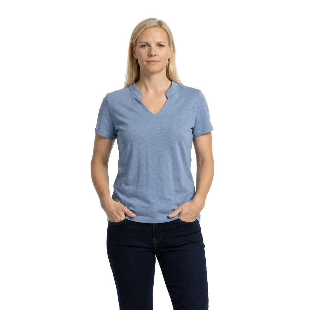 Fog Blue Loose Fit Slub Cotton V-Neck T-Shirt 2