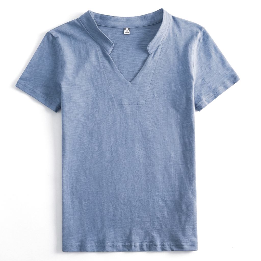 Fog Blue Loose Fit Slub Cotton V-Neck T-Shirt 1