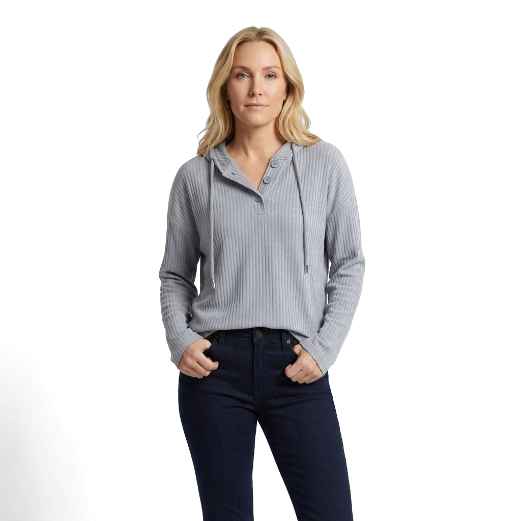 Light Grey Plus Size Ribbed Knit Hooded Long Sleeve T-Shirt 4