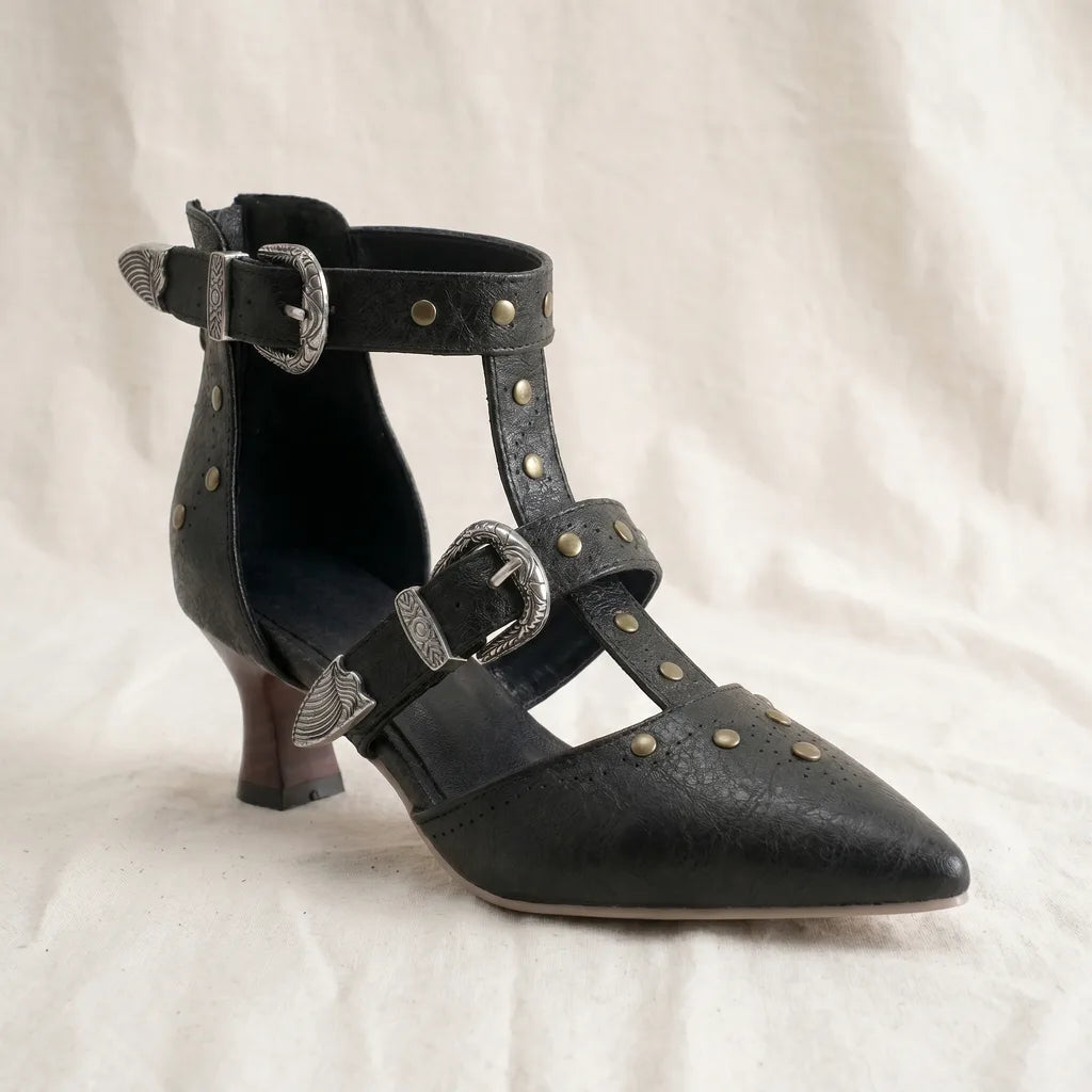 Women's Black Zara Pointed T-Strap Sandals
